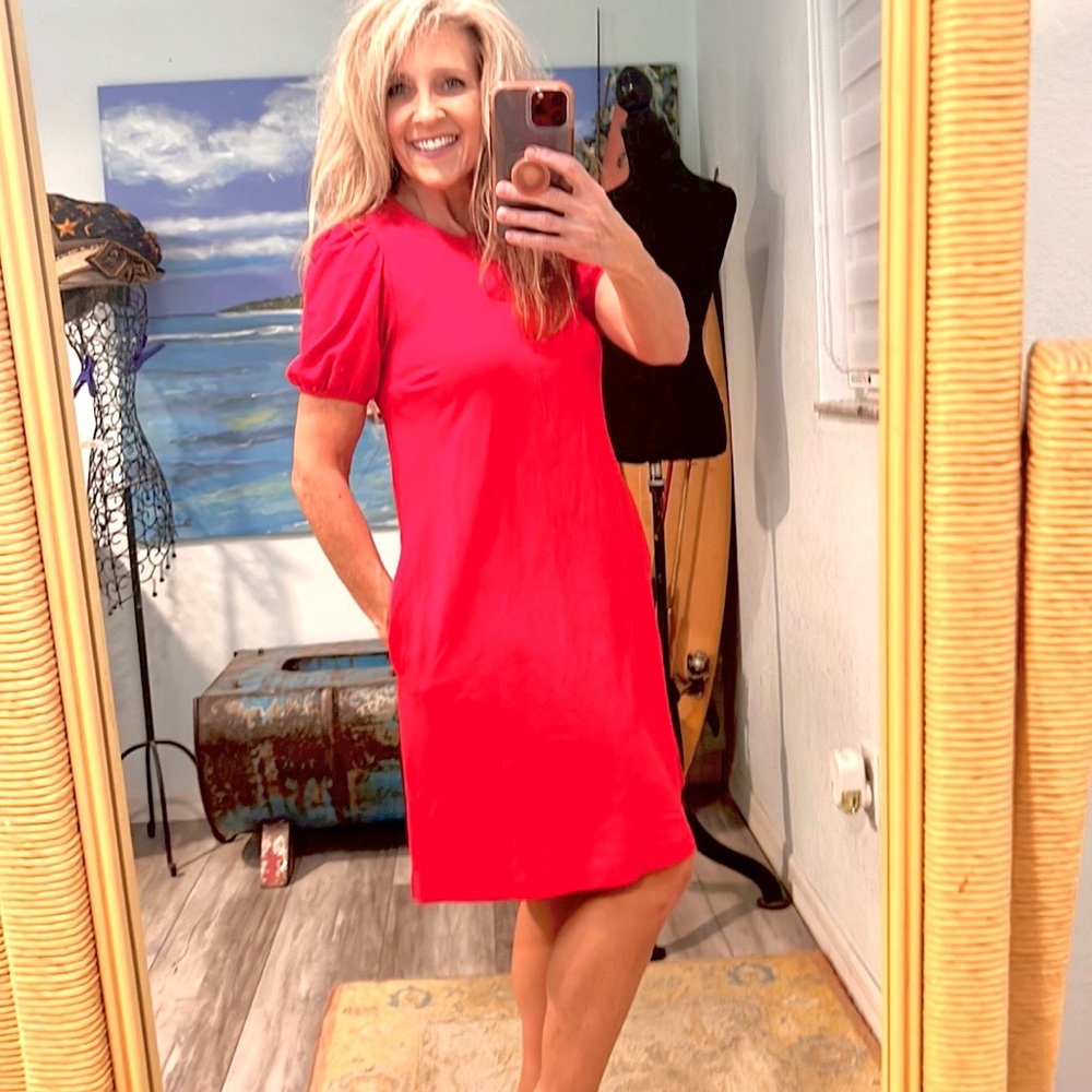 🎉HP🎉Boden,Vibrant Red Dress, Blouson Sleeves,POCKETS, Simple, Elegant,Timeless